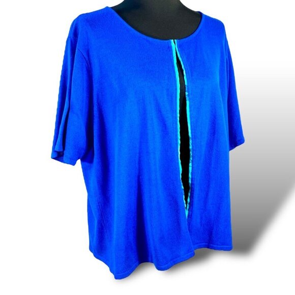 VTG Premier Intl Cardigan Womans 2X Blue Open Short Sleeve Floral Trim Sweater - Picture 1 of 9